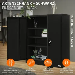 Aktenschrank abschließbar 90x40x109 cm Schwarz aus Stahl ML-Design