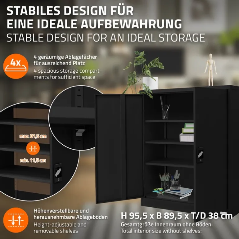 Aktenschrank abschließbar 90x40x109 cm Schwarz aus Stahl ML-Design