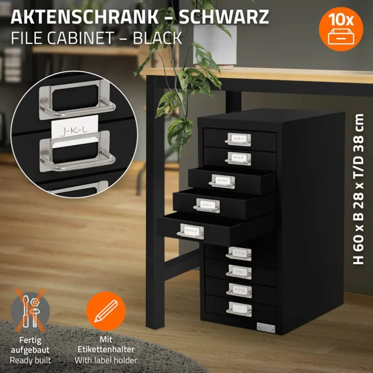 Aktenschrank mit 10 Schubladen 28x38x60 cm Schwarz aus Metall ML-Design