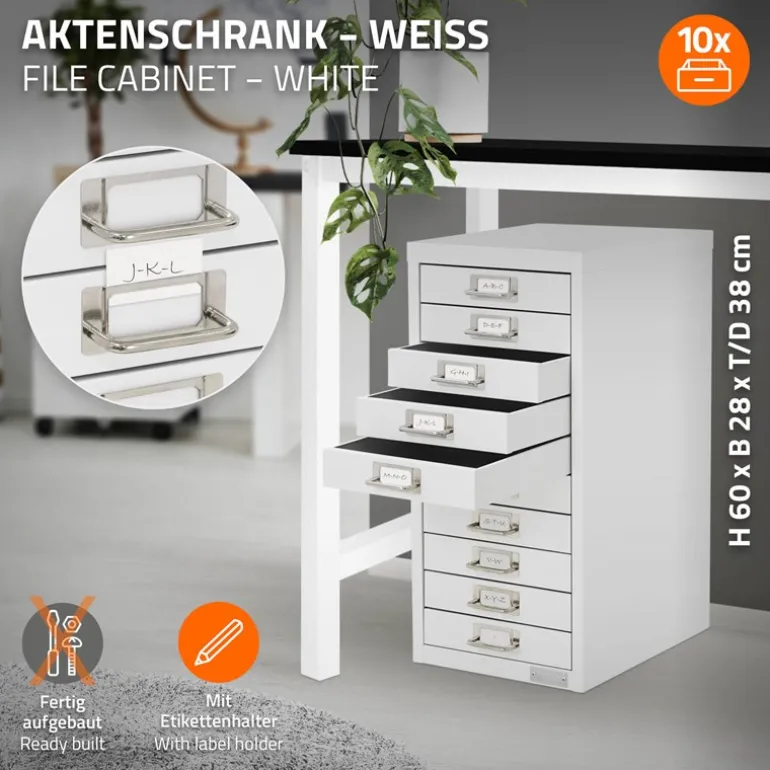 Aktenschrank mit 10 Schubladen 28x38x60 cm Weiß aus Metall ML-Design