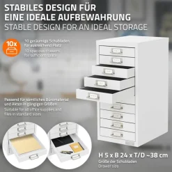 Aktenschrank mit 10 Schubladen 28x38x60 cm Weiß aus Metall ML-Design