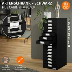 Aktenschrank mit 15 Schubladen 28x38x87 cm Schwarz aus Metall ML-Design