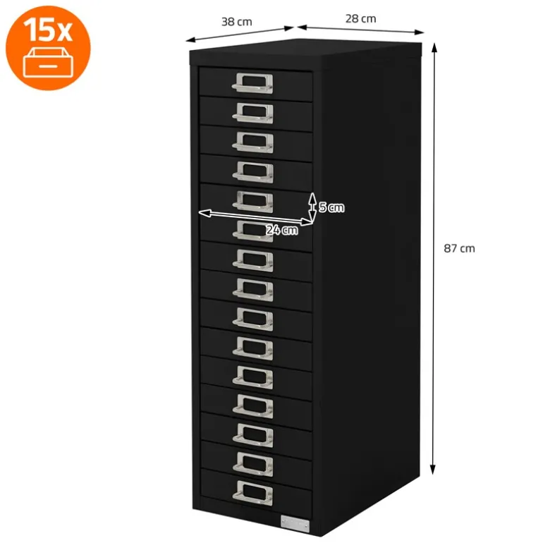 Aktenschrank mit 15 Schubladen 28x38x87 cm Schwarz aus Metall ML-Design