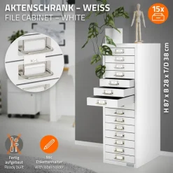 Aktenschrank mit 15 Schubladen 28x38x87 cm Weiß aus Metall ML-Design