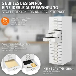 Aktenschrank mit 15 Schubladen 28x38x87 cm Weiß aus Metall ML-Design