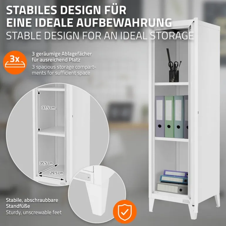 Aktenschrank Spindschrank 1-türig 38x38x137,5 cm Weiß aus Stahl ML-Design