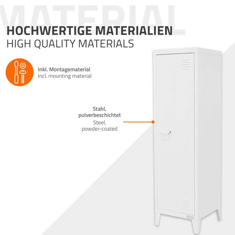 Aktenschrank Spindschrank 1-türig 38x38x137,5 cm Weiß aus Stahl ML-Design