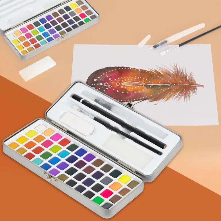 Aquarellfarben Malkasten 48 Farben in Metallbox Silber mit Zubehör