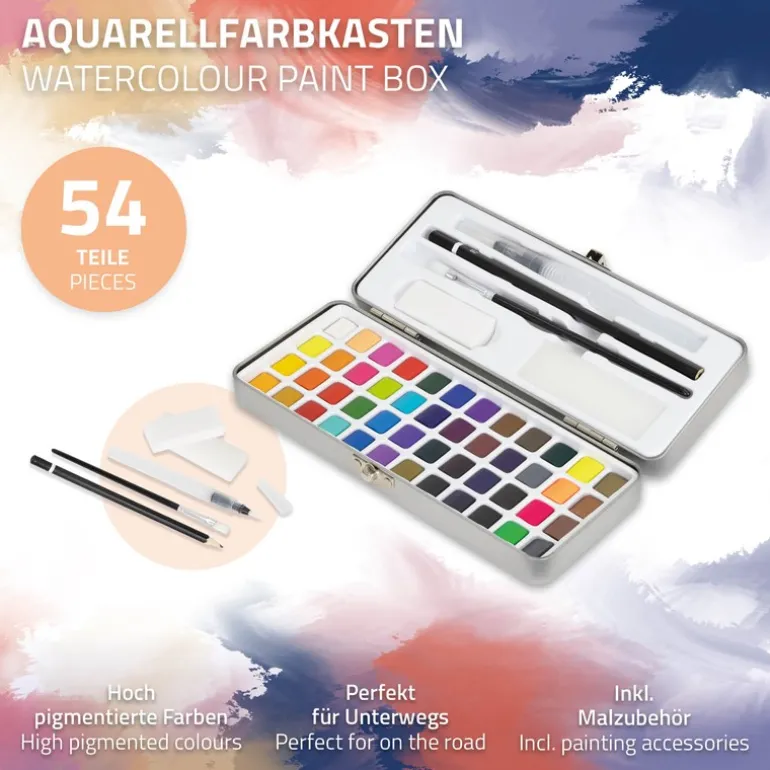 Aquarellfarben Malkasten 48 Farben in Metallbox Silber mit Zubehör