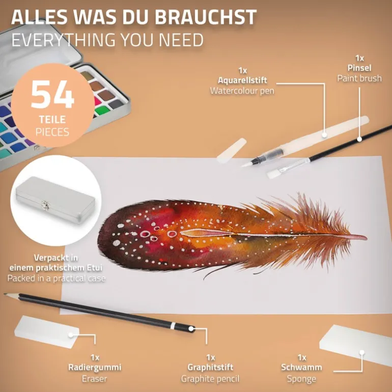 Aquarellfarben Malkasten 48 Farben in Metallbox Silber mit Zubehör