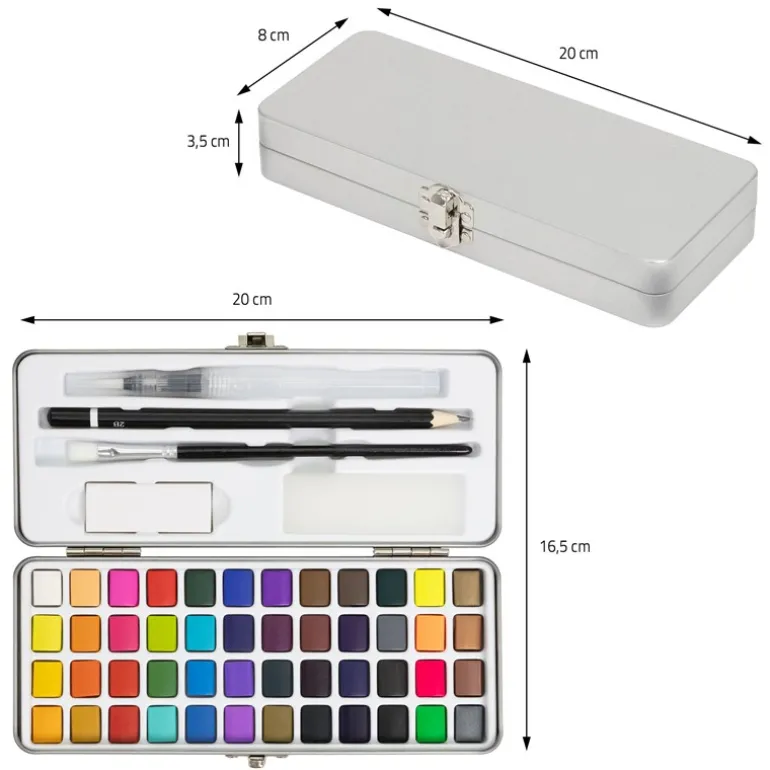 Aquarellfarben Malkasten 48 Farben in Metallbox Silber mit Zubehör