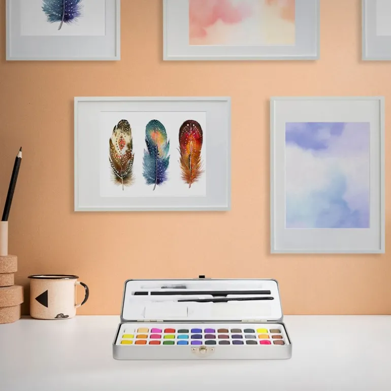 Aquarellfarben Malkasten 48 Farben in Metallbox Silber mit Zubehör