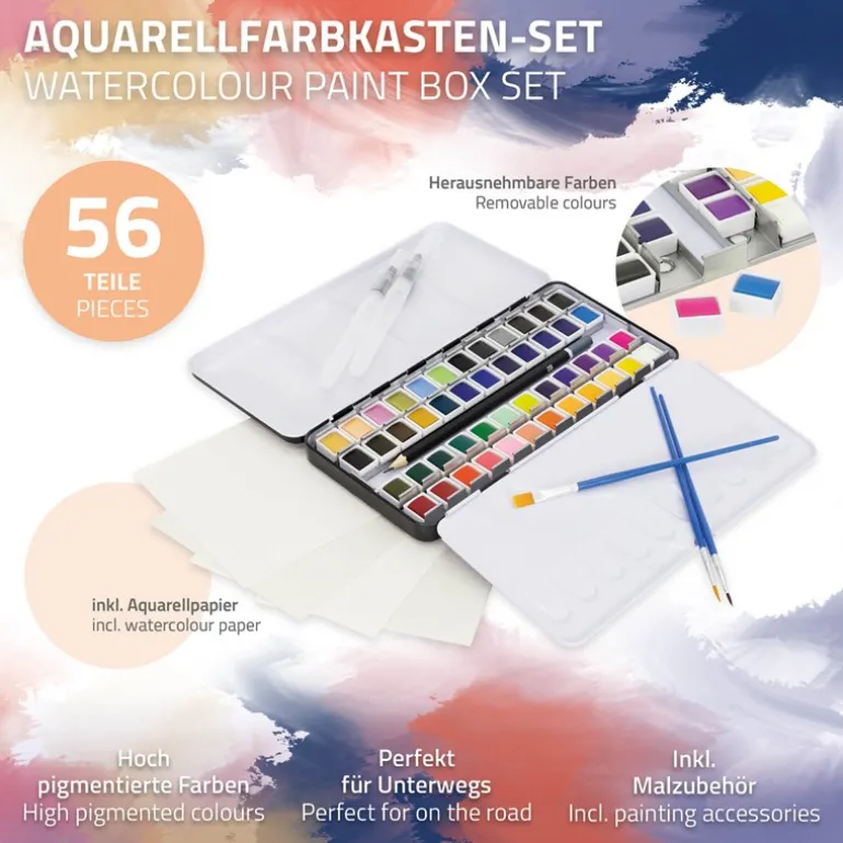 Aquarellfarbkasten mit 48 Farben inklusive Pinsel und Papier Malkasten Set
