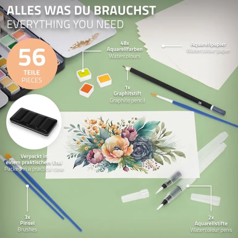 Aquarellfarbkasten mit 48 Farben inklusive Pinsel und Papier Malkasten Set