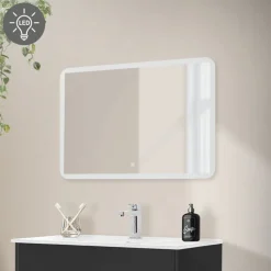 Badezimmer LED-Spiegel eckig mit Touchschalter 90x60 cm Weiß aus Glas ML-Design