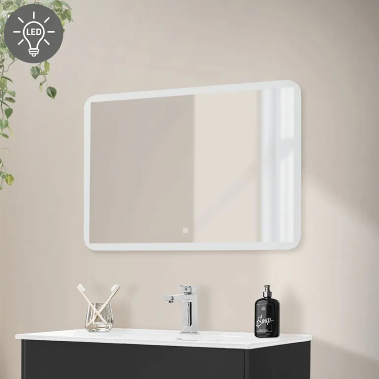 Badezimmer LED-Spiegel eckig mit Touchschalter 90x60 cm Weiß aus Glas ML-Design