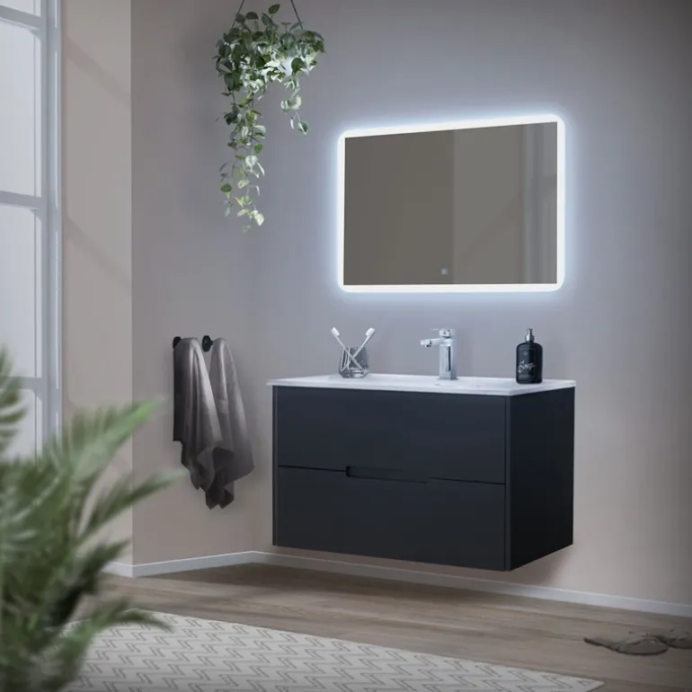 Badezimmer LED-Spiegel eckig mit Touchschalter 90x60 cm Weiß aus Glas ML-Design