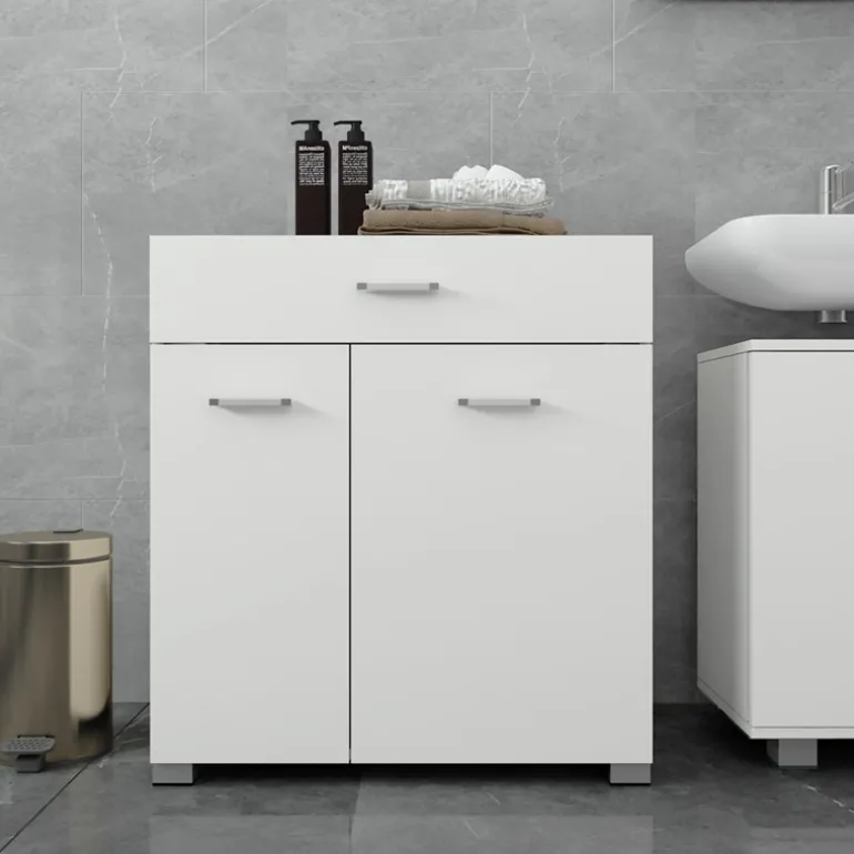 Badezimmerschrank Badschrank mit Wäschekorb 75x37x90 cm in Weiß ML-Design