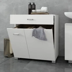 Badezimmerschrank Badschrank mit Wäschekorb 75x37x90 cm in Weiß ML-Design