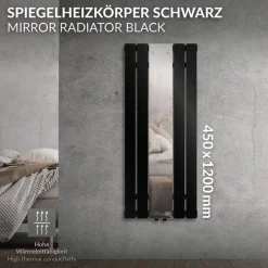 Badheizkörper Einlagig inkl. Spiegel 1200x450 mm Schwarz matt mit Mittelanschluss LuxeBath