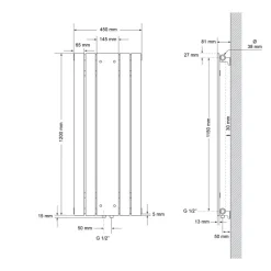 Badheizkörper Einlagig inkl. Spiegel 1200x450 mm Schwarz matt mit Mittelanschluss LuxeBath