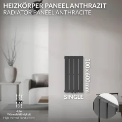 Badheizkörper Einlagig Vertikal 600x300 mm Anthrazit mit Mittelanschluss LuxeBath