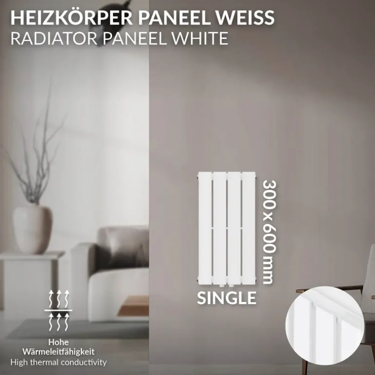 Badheizkörper Einlagig Vertikal 600x300 mm Weiß mit Mittelanschluss LuxeBath