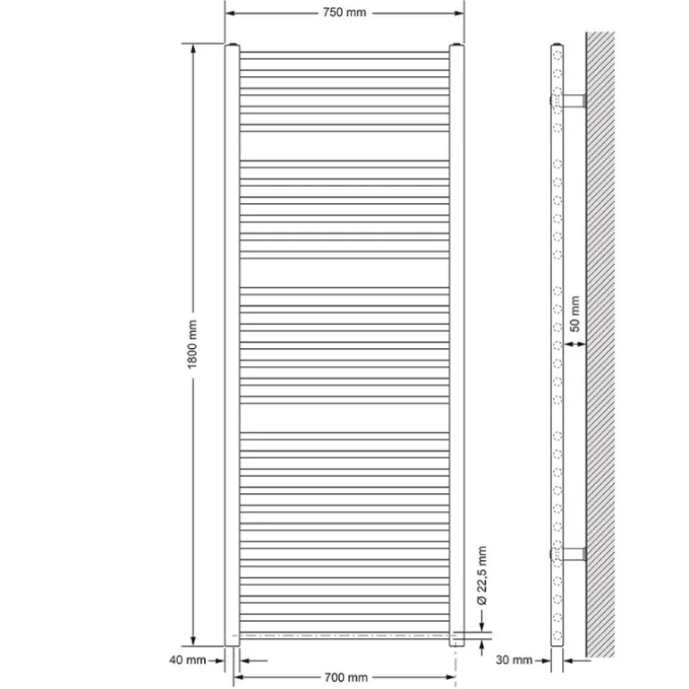 Badheizkörper Elektrisch mit Heizstab 900W 750x1800 mm Anthrazit gerade mit Seitenanschluss