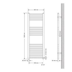 Badheizkörper Elektrisch mit Heizstab 1200W 400x1200 mm Chrome gerade mit Seitenanschluss