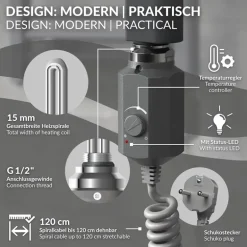 Badheizkörper Elektrisch mit Heizstab 1200W 600x1200 mm Anthrazit gerade mit Seitenanschluss
