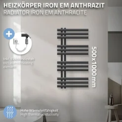 Badheizkörper Elektrisch mit Heizstab 300W 500x1000 mm Anthrazit
