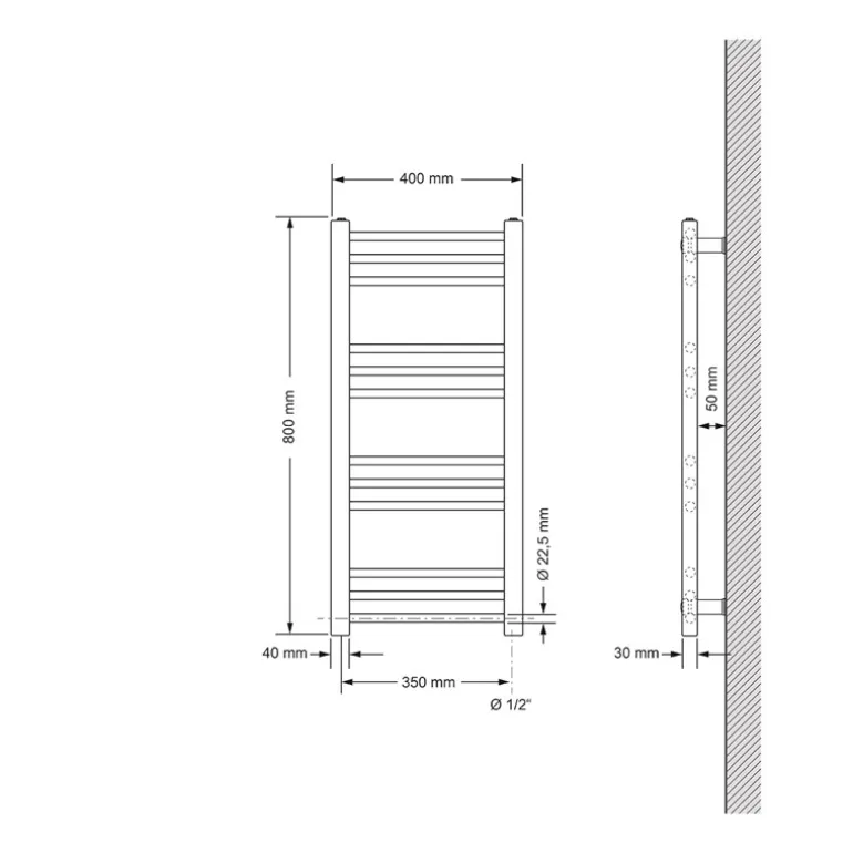 Badheizkörper Elektrisch mit Heizstab 300W 400x800 mm Chrom gerade mit Seitenanschluss