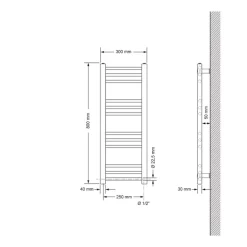 Badheizkörper Elektrisch mit Heizstab 600W 300x800 mm Anthrazit gerade mit Seitenanschluss