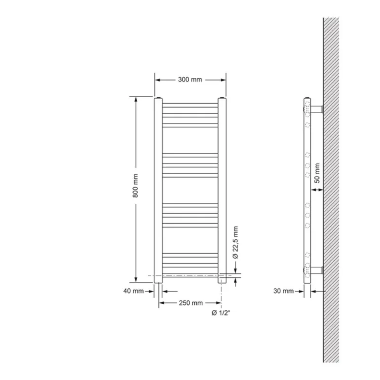 Badheizkörper Elektrisch mit Heizstab 600W 300x800 mm Anthrazit gerade mit Seitenanschluss