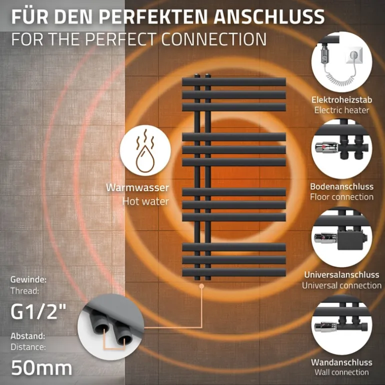 Badheizkörper Elektrisch mit Heizstab 600W 500x1000 mm Anthrazit