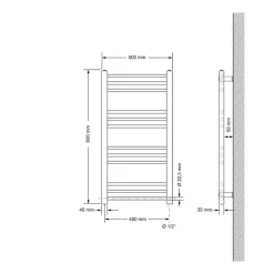 Badheizkörper Elektrisch mit Heizstab 600W 500x800 mm Weiß gerade mit Seitenanschluss
