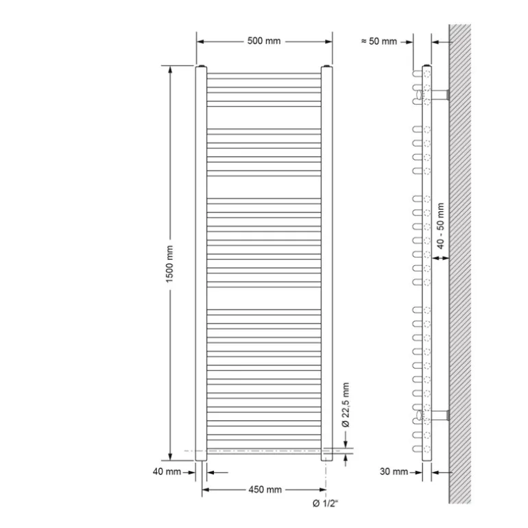 Badheizkörper Elektrisch mit Heizstab 900W 500x1500 mm weiß gebogen mit Seitenanschluss