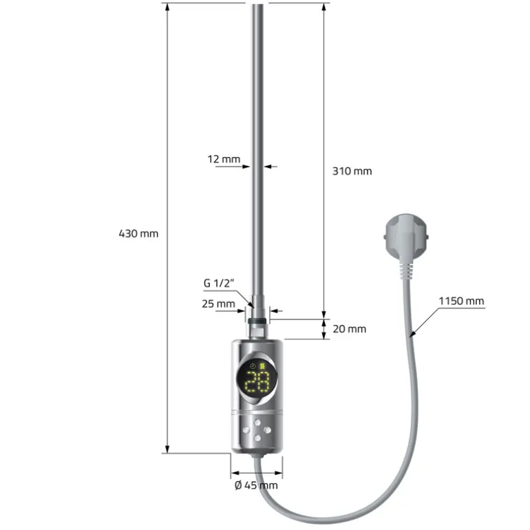 Badheizkörper Elektrisch mit Heizstab 300W 400x800 mm Chrome gebogen mit Seitenanschluss LuxeBath