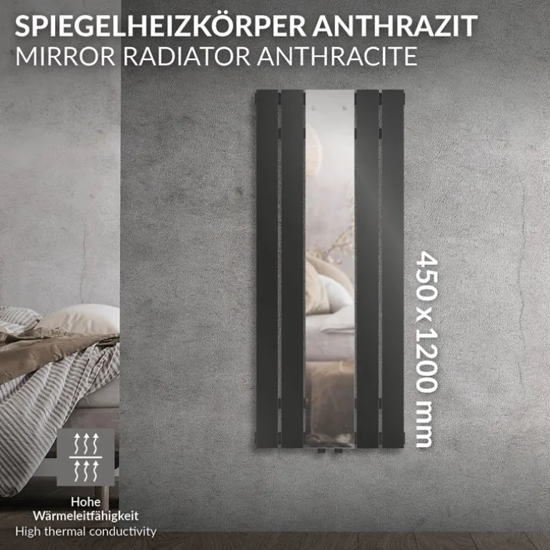 Badheizkörper Flach mit Spiegel 1200x450 mm Anthrazit ML-Design