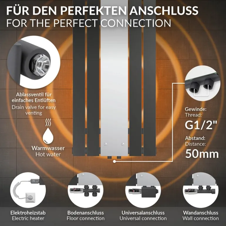 Badheizkörper Flach mit Spiegel 1200x450 mm Anthrazit ML-Design