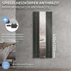 Badheizkörper Flach mit Spiegel und Universale Anschlussgarnitur 45x120 cm Anthrazit ML-Design