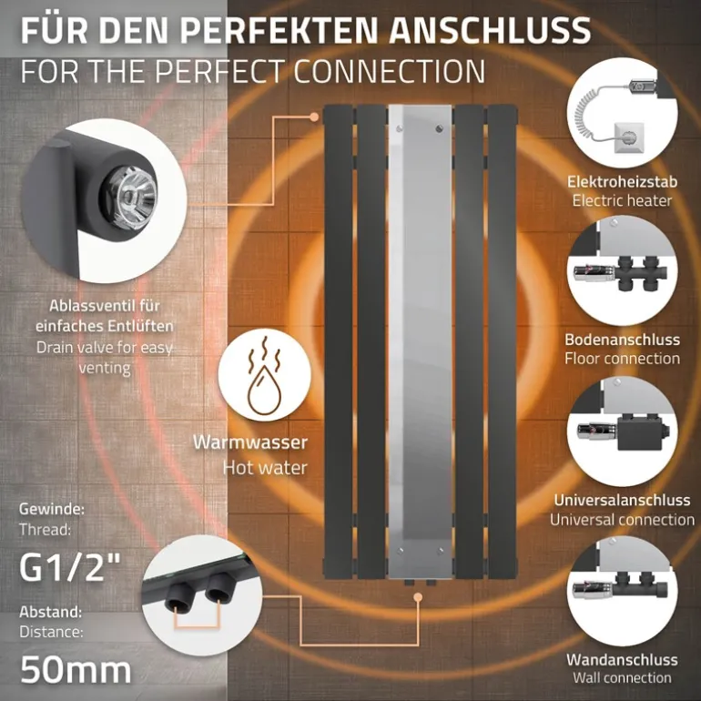 Badheizkörper Flach mit Spiegel und Universale Anschlussgarnitur 45x120 cm Anthrazit ML-Design