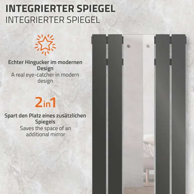 Badheizkörper Flach mit Spiegel und Universale Anschlussgarnitur 45x120 cm Anthrazit ML-Design