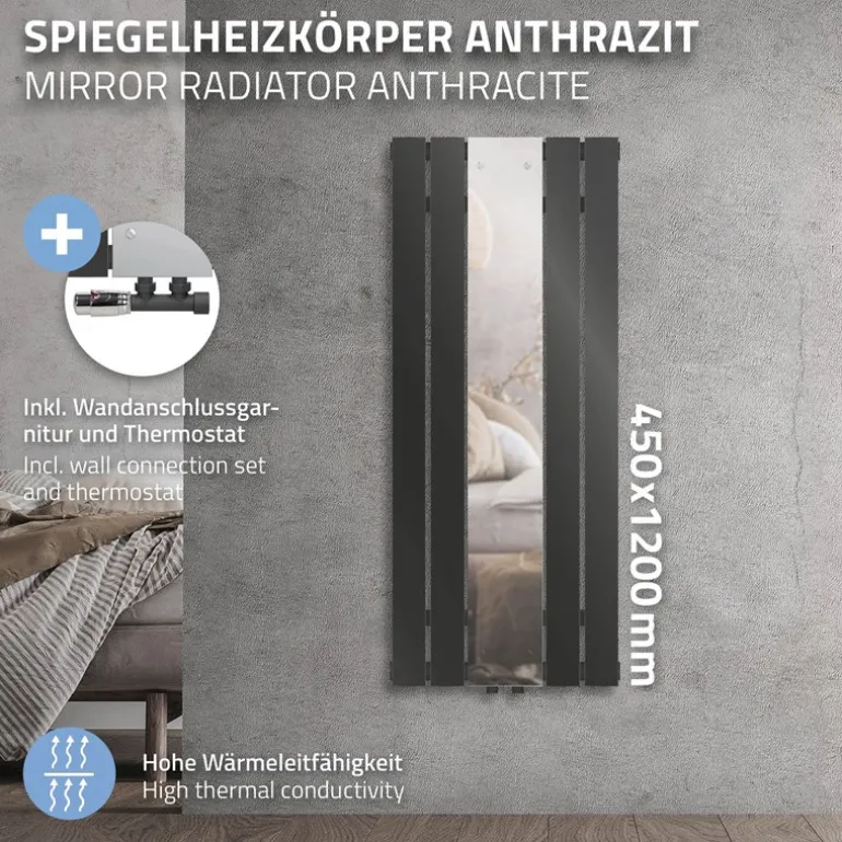 Badheizkörper Flach mit Spiegel und Wand Anschlussgarnitur 45x120 cm Anthrazit ML-Design