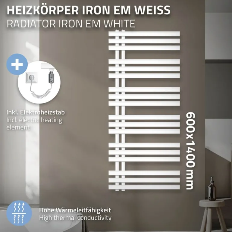 Badheizkörper Iron EM mit Heizstab 1200W 600x1400 mm Weiß