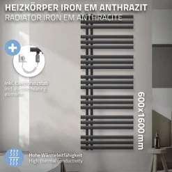 Badheizkörper Iron EM mit Heizstab 1200W 600x1600 mm Anthrazit
