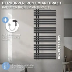 Badheizkörper Iron EM 600x1400 mm anthrazit mit Heizstab 1200W