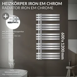 Badheizkörper Iron EM 600x1200 mm Chrome mit Wand Anschlussgarnitur