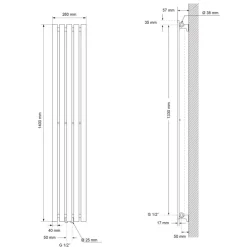 Badheizkörper mit Mittelanschluss 1400x260 mm Weiß vertikal LuxeBath