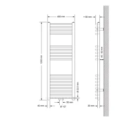Badheizkörper mit Mittelanschluss 400x1200 mm Schwarz matt gebogen mit Wand Anschlussgarnitur LuxeBath